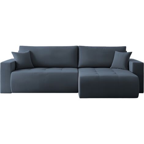 Ecksofa 3-Sitzer Schlafsofa mit Bettkasten und Schlaffunktion in Scandi-Design – Universal Rechts/Links – mit Rücken- und Dekokissen – Strukturstoff Dunkelblau