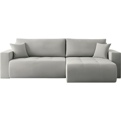 Ecksofa 3-Sitzer Schlafsofa mit Bettkasten und Schlaffunktion in Scandi-Design – Universal Rechts/Links – mit Rücken- und Dekokissen – Strukturstoff Grau