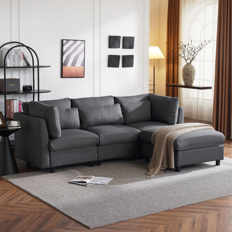 Stilvora Ecksofa 4-sitzer Loungesofa Mit Fußhocker Und Lendenkissen, Abnehmbare Kissen, Leinen Grau