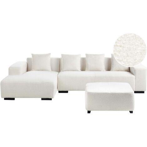 Ecksofa 4-Sitzer LUNGO Bouclé Weiß mit Ottomane rechtsseitig