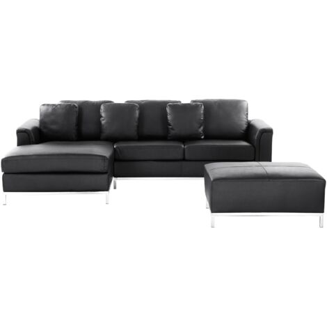 Ecksofa 5-Sitzer OSLO Echtleder Schwarz mit Ottomane rechtsseitig