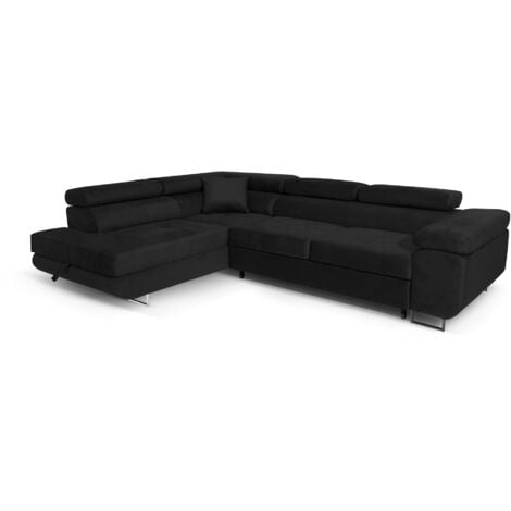 TORANA Ecksofa Aller L-form mit Schlaffunktion und Bettkasten in Schwarz (Jasmine 100), Links Ottomane