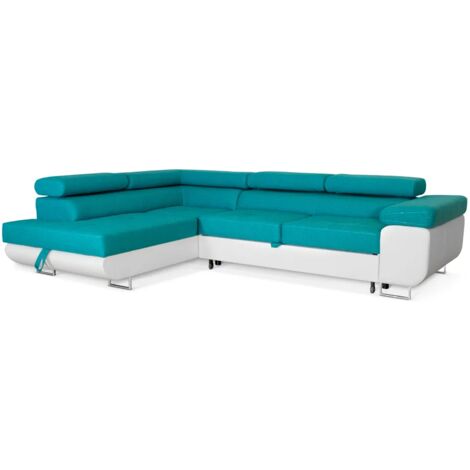 Ecksofa Aller L-form mit Schlaffunktion und Bettkasten, Türkis und Weiß Kunstleder, Links Ottomane.