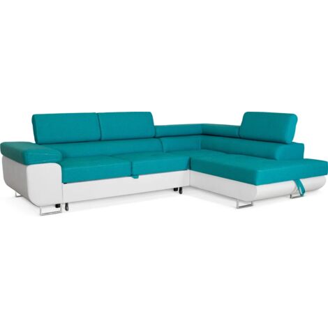 Ecksofa Aller L-form mit Schlaffunktion und Bettkasten, Türkis und Weiß Kunstleder, Rechte Ottomane.
