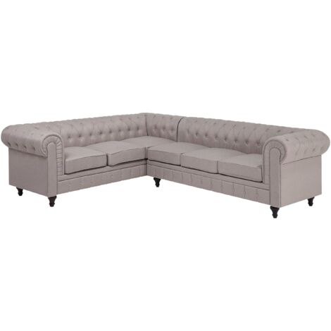 Ecksofa Beige Polsterbezug L-Förmig Rechtsseitig Chesterfield Stil Glamourös Wohnzimmer