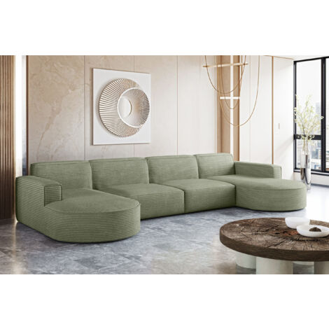 Ecksofa Designer MODENA U XL stoff Dicker cord Poso Hellgrün