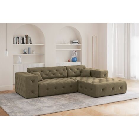 Ecksofa Designersofa CHANTAL in Stoff Moly Grün Ottomane Rechts