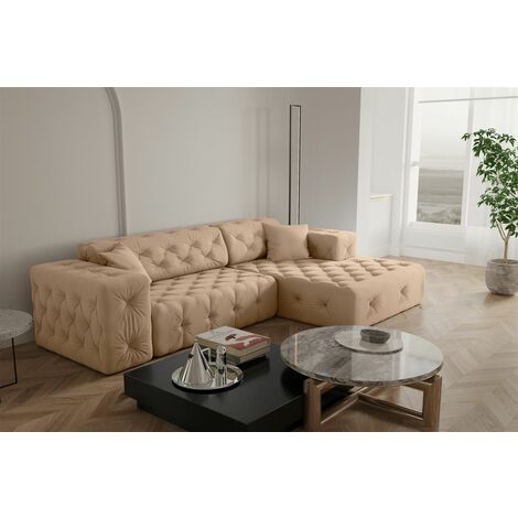Ecksofa Designersofa CHANTAL in Stoff Opera Velvet Beige Ottomane Rechts