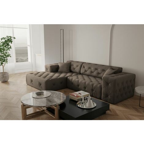 Ecksofa Designersofa CHANTAL in Stoff Opera Velvet Braun Ottomane Links