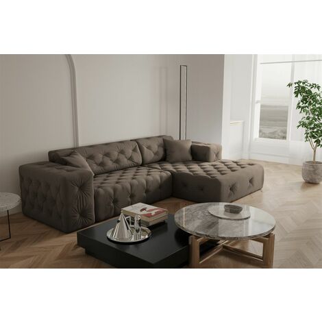Ecksofa Designersofa CHANTAL in Stoff Opera Velvet Braun Ottomane Rechts