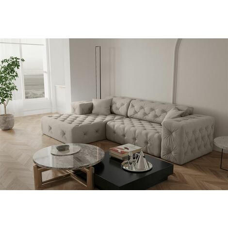 Ecksofa Designersofa CHANTAL in Stoff Opera Velvet Cream Ottomane Links