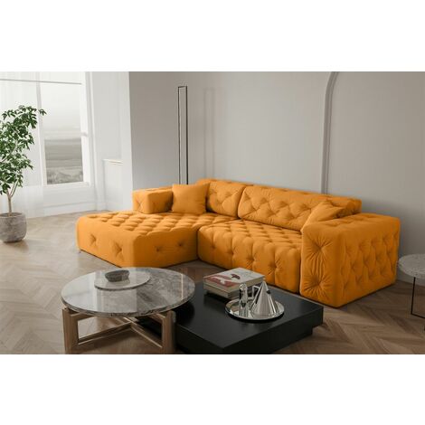 Ecksofa Designersofa CHANTAL in Stoff Opera Velvet Gelb Ottomane Links