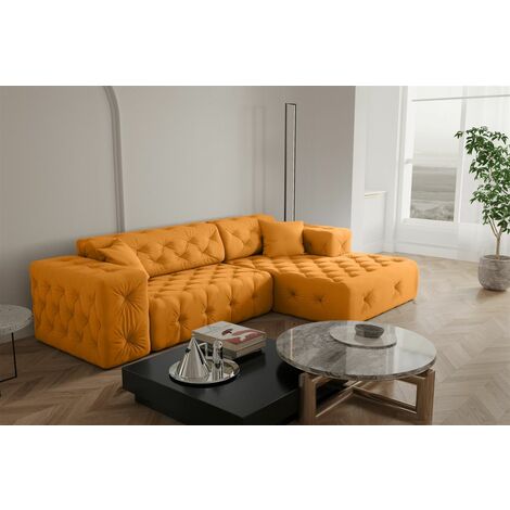 Ecksofa Designersofa CHANTAL in Stoff Opera Velvet Gelb Ottomane Rechts