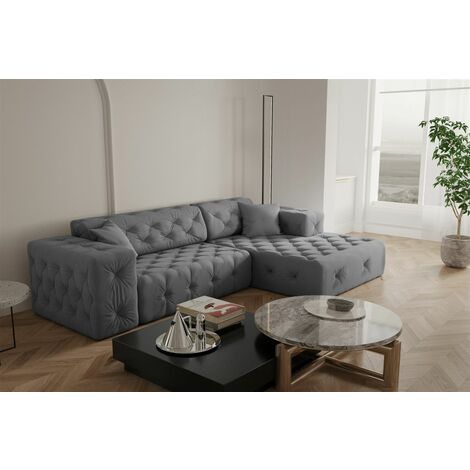 Ecksofa Designersofa CHANTAL in Stoff Opera Velvet Grau Ottomane Rechts
