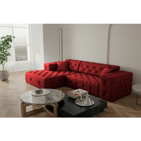 Ecksofa Designersofa CHANTAL in Stoff Opera Velvet Rubinrot Ottomane Links