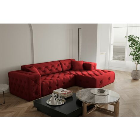 Ecksofa Designersofa CHANTAL in Stoff Opera Velvet Rubinrot Ottomane Rechts