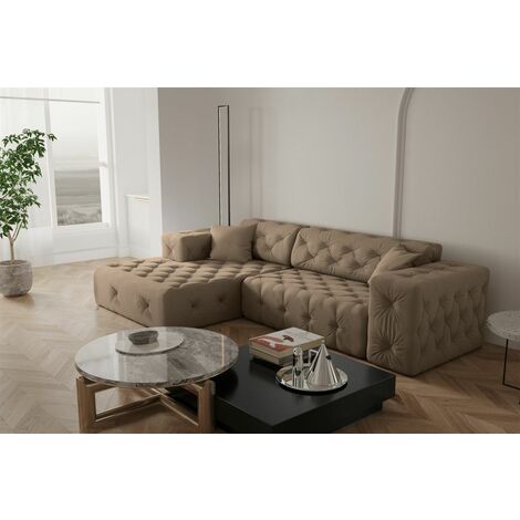 Ecksofa Designersofa CHANTAL in Stoff Opera Velvet Taupe Ottomane Links