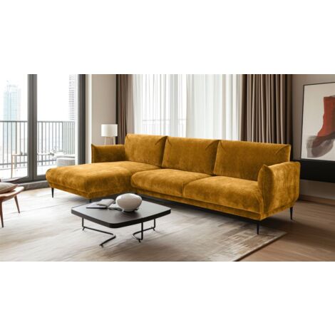 Ecksofa Designersofa MADISON in Stoff Dress Me Senfgelb Ottomane Links