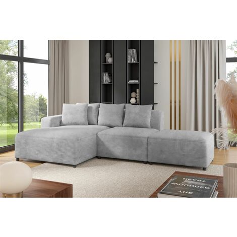 Ecksofa Designersofa MEGAN XS inkl. Hocker Stoff Poso Hellgrau Ottomane Links