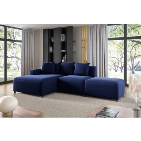 Ecksofa Designersofa MEGAN XS inkl. Hocker Stoff Salvador Dunkelblau Ottomane Links