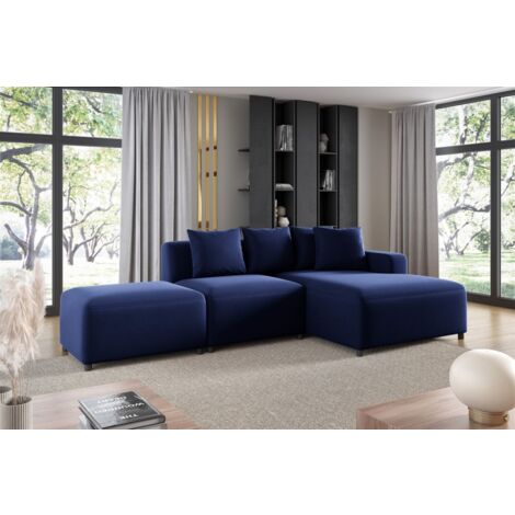 Ecksofa Designersofa MEGAN XS inkl. Hocker Stoff Salvador Dunkelblau Ottomane Rechts