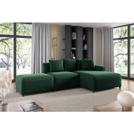 Ecksofa Designersofa MEGAN XS inkl. Hocker Stoff Salvador Dunkelgrün Ottomane Rechts