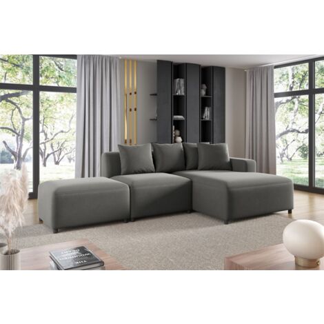 Ecksofa Designersofa MEGAN XS inkl. Hocker Stoff Salvador Grau Ottomane Rechts