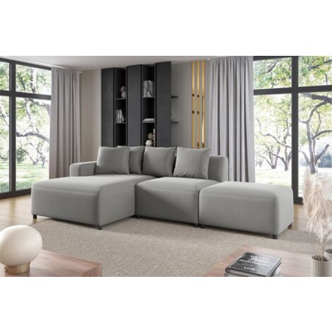 Ecksofa Designersofa MEGAN XS inkl. Hocker Stoff Salvador Hellgrau Ottomane Links