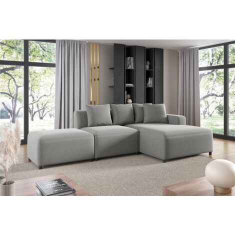 Ecksofa Designersofa MEGAN XS inkl. Hocker Stoff Salvador Hellgrau Ottomane Rechts