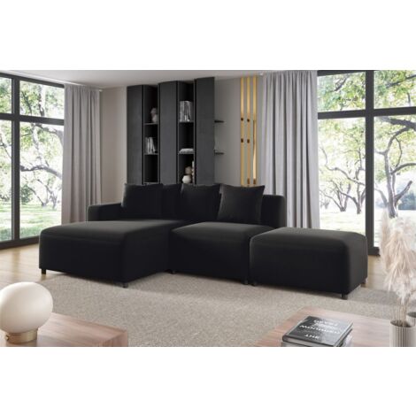 Ecksofa Designersofa MEGAN XS inkl. Hocker Stoff Salvador Schwarz Ottomane Links