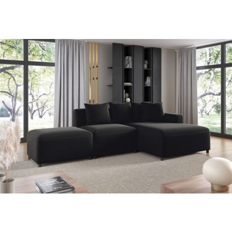 Ecksofa Designersofa MEGAN XS inkl. Hocker Stoff Salvador Schwarz Ottomane Rechts