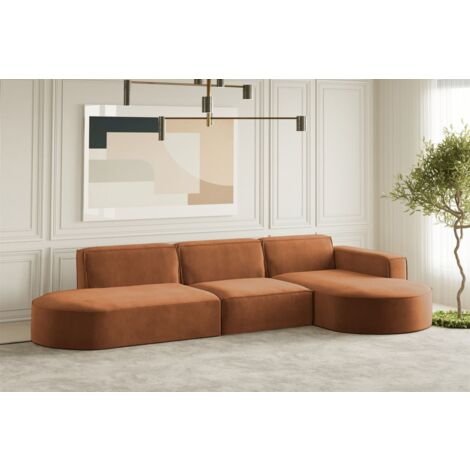 Ecksofa Designersofa PALMA in Stoff Noel Ziegelrot Ottomane Rechts