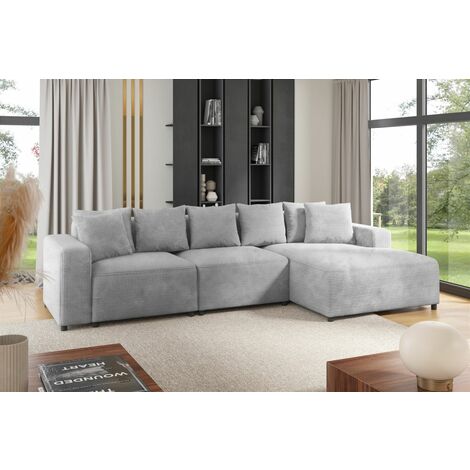 Ecksofa Designersofa Sofa MEGAN in Stoff Poso Hellgrau Ottomane Rechts