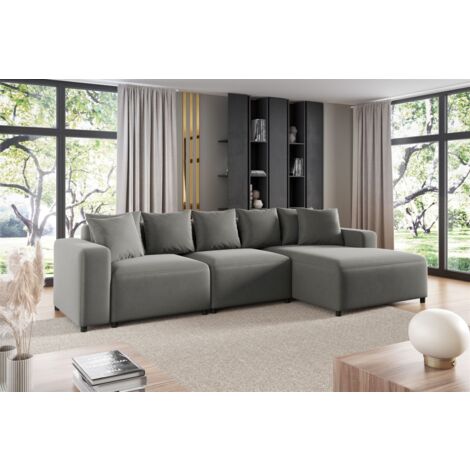 Ecksofa Designersofa Sofa MEGAN in Stoff Salvador Grau Ottomane Rechts