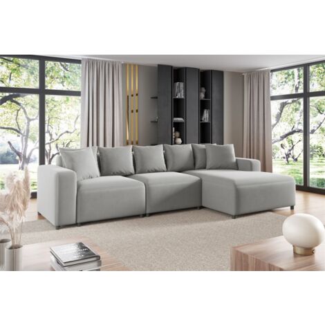 Ecksofa Designersofa Sofa MEGAN in Stoff Salvador Hellgrau Ottomane Rechts