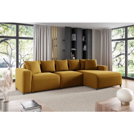 Ecksofa Designersofa Sofa MEGAN in Stoff Salvador Honiggelb Ottomane Rechts