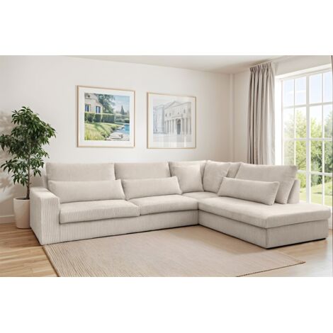 Ecksofa Designersofa THORA in Stoff Poso Altweiß Ottomane Rechts