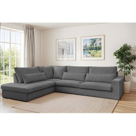 Ecksofa Designersofa THORA in Stoff Poso Grau Ottomane Links