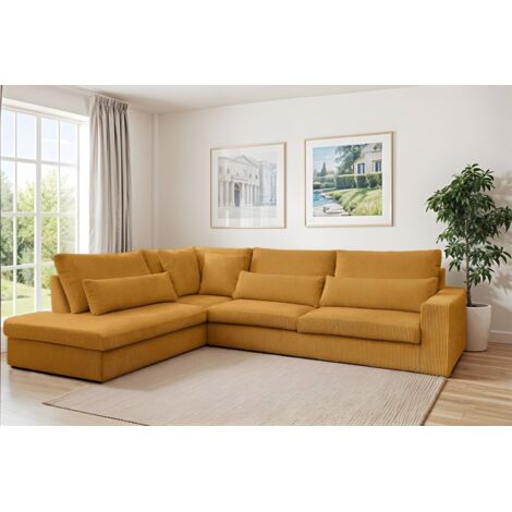 Ecksofa Designersofa THORA in Stoff Poso Honiggelb Ottomane Links