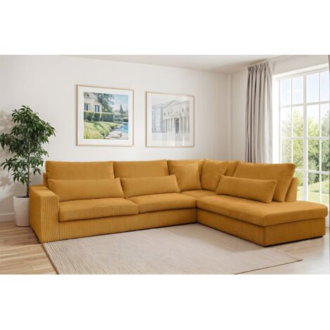 Ecksofa Designersofa THORA in Stoff Poso Honiggelb Ottomane Rechts