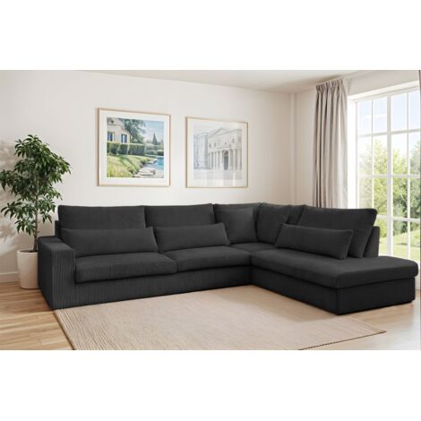 Ecksofa Designersofa THORA in Stoff Poso Schwarz Ottomane Rechts
