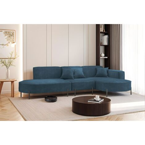 Ecksofa Designersofa VALENCIA in Stoff Noel Blau Ottomane Rechts