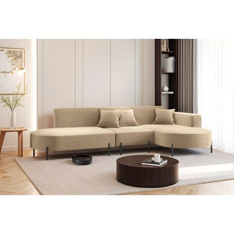 Ecksofa Designersofa VALENCIA in Stoff Quelle Hellbraun Ottomane Rechts
