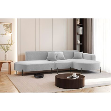 Ecksofa Designersofa VALENCIA in Stoff Quelle Hellgrau Ottomane Rechts
