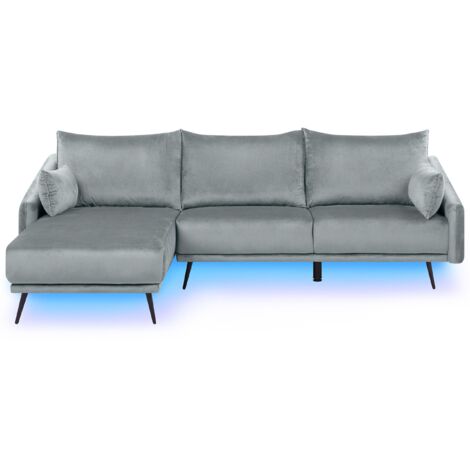 Ecksofa Grau Samtstoff 3-Sitzer L-Förmig Rechtsseitig Glamourös LED Licht Wohnzimmer
