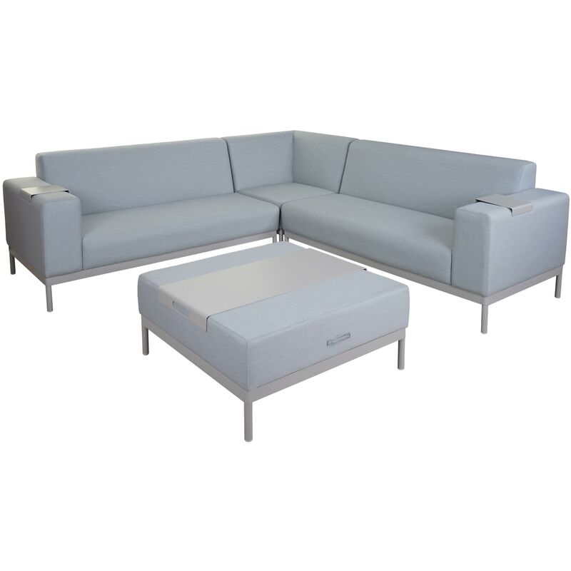 Ecksofa 5+1, Sofa Loungesofa Couch, Stoff/Textil Indoor wasserabweisend ~ blau mit Ablage - HHG