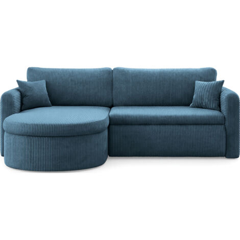 Ecksofa in L-Form mit Schlaffunktion & Stauraum – Universell Montiebar Rechts/Links 4-Sitzer Schlafsofa inkl. 2 Dekokissen und Rückenkissen 250 x 160 x 83 cm – Blau Cord Chenille
