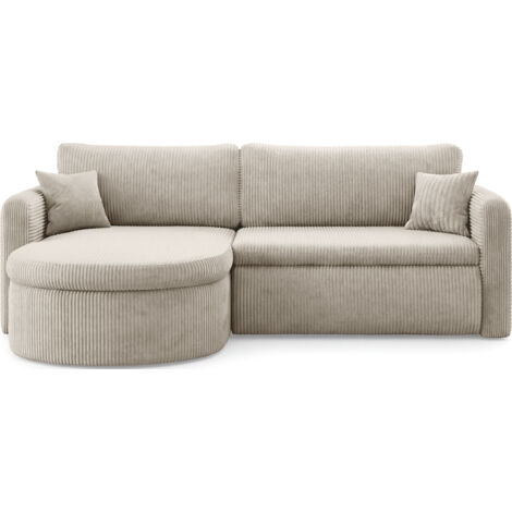 Ecksofa in L-Form mit Schlaffunktion & Stauraum – Universell Montiebar Rechts/Links 4-Sitzer Schlafsofa inkl. 2 Dekokissen und Rückenkissen 250 x 160 x 83 cm – Creme Cord Chenille