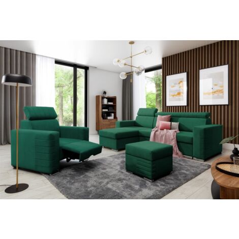Ecksofa inkl. Hocker und Sessel CANTON Stoff Camelia Grün Ottomane Links