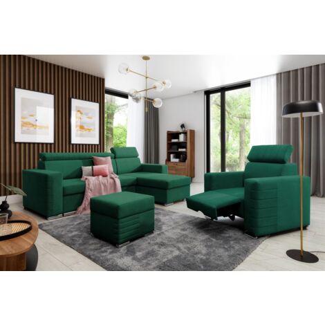 Ecksofa inkl. Hocker und Sessel CANTON Stoff Camelia Grün Ottomane Rechts